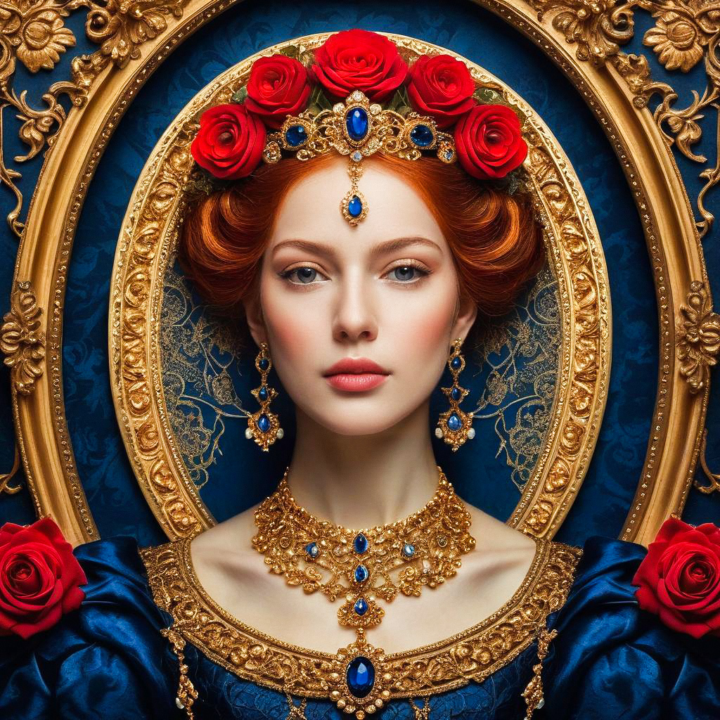 Regal Woman with Red Hair in Elegant Blue Gown Regal Woman with Red Hair in Elegant Blue Gown