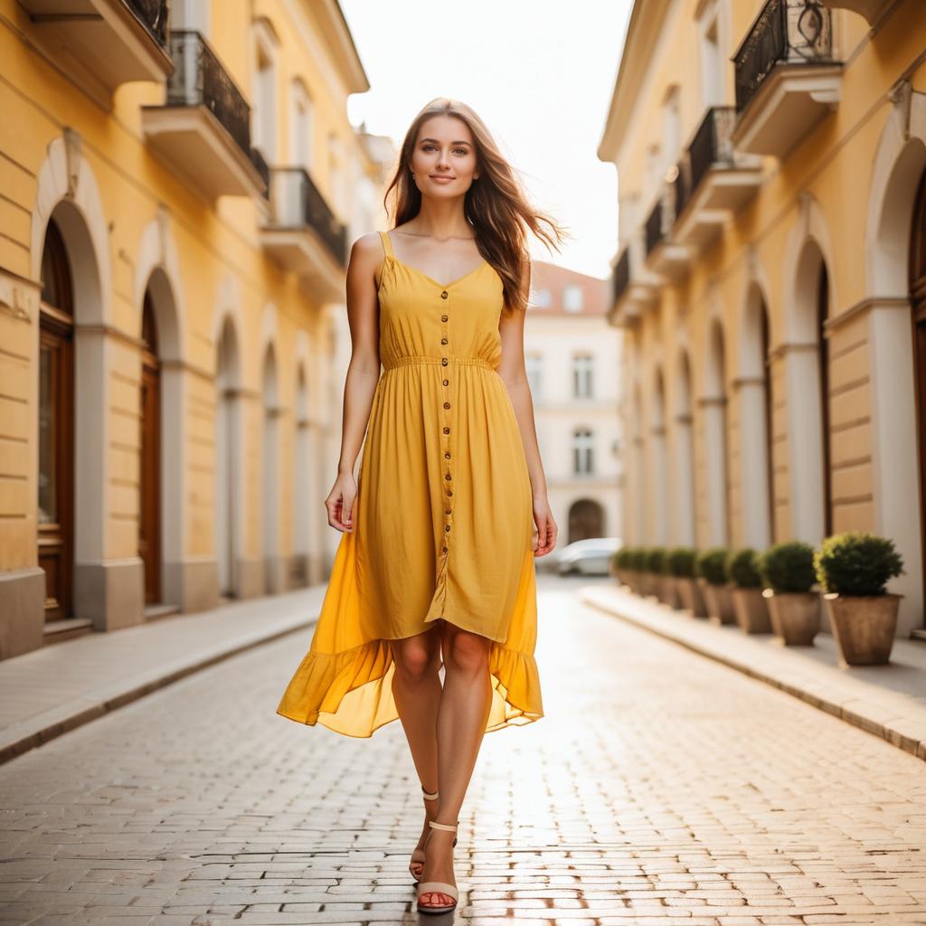 Woman Walking on Cobblestone Street in Mustard Yellow Dress