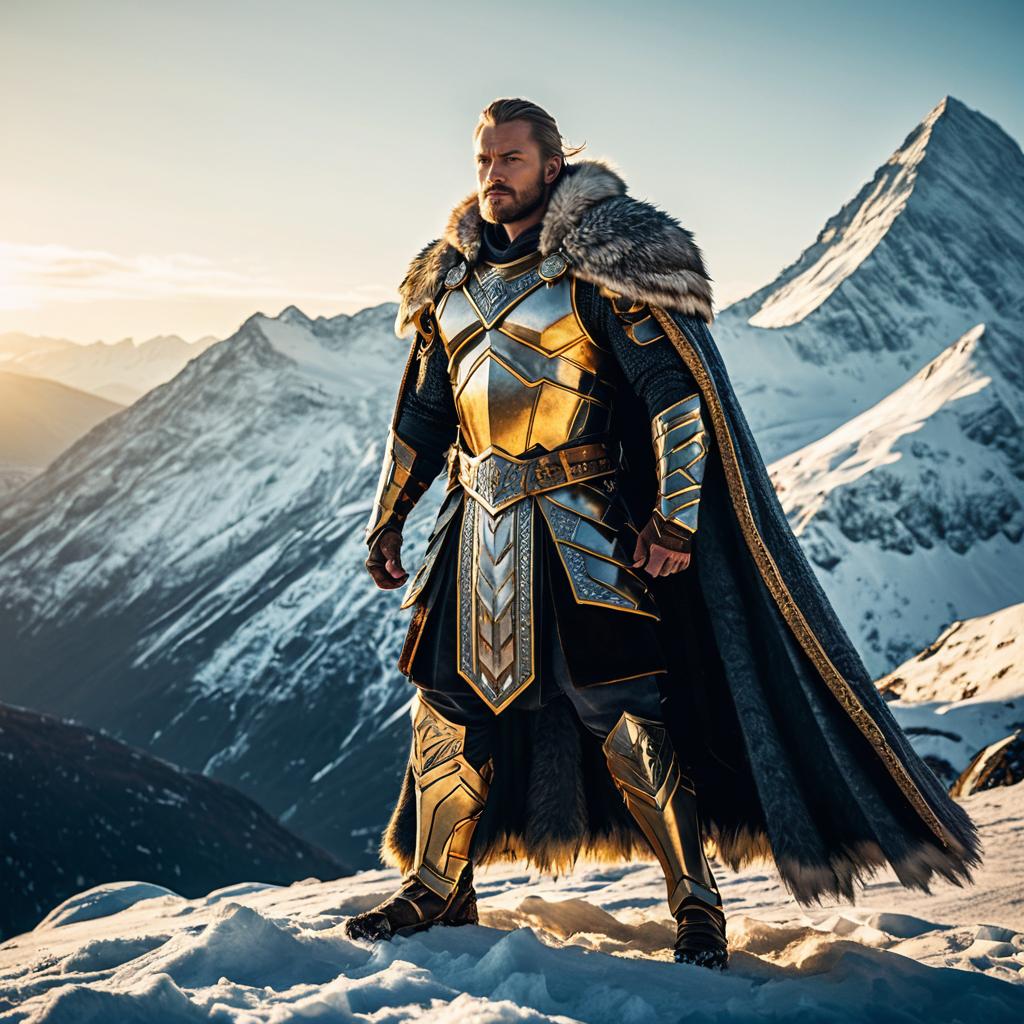 Heroic Man in Golden Armor Standing on Snowy Mountain Peak Fantasy Warrior