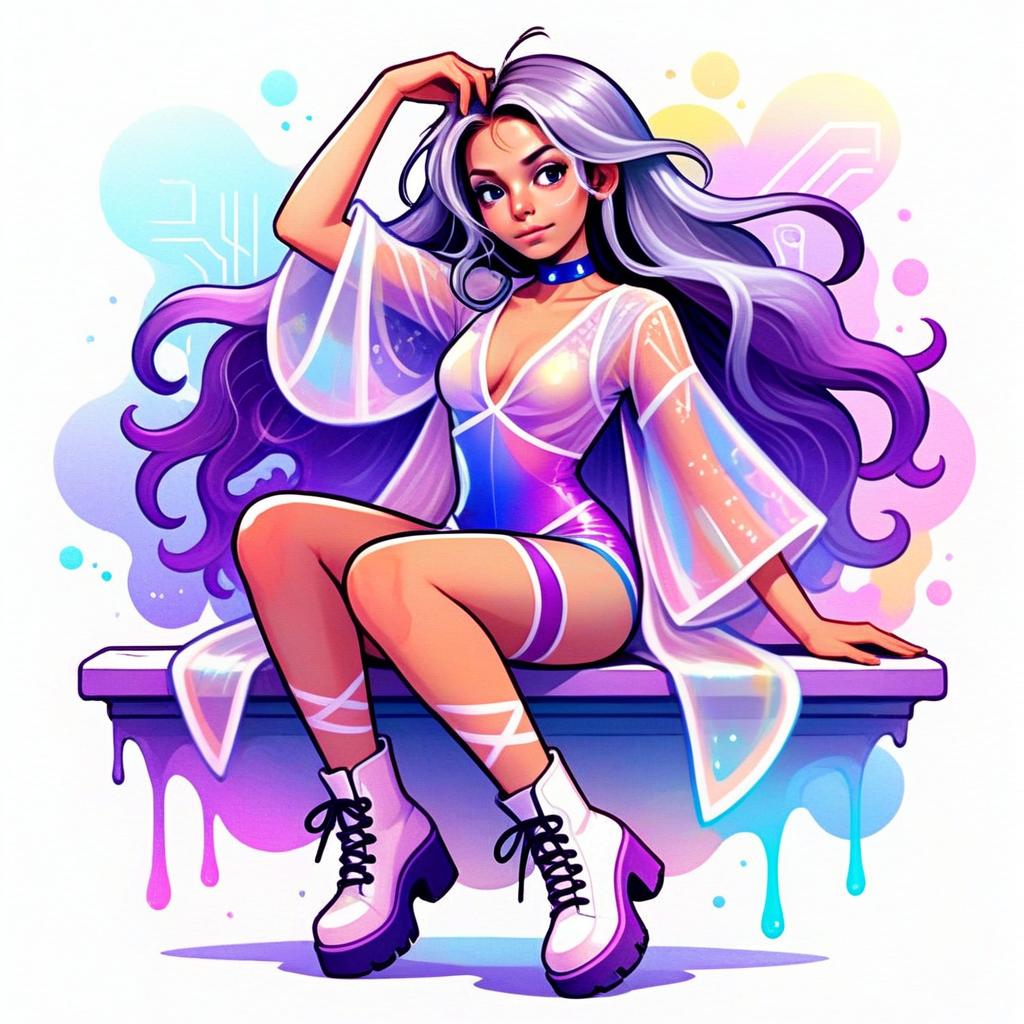 Stylish Young Woman in Futuristic Outfit Sitting on Bench Digital Art