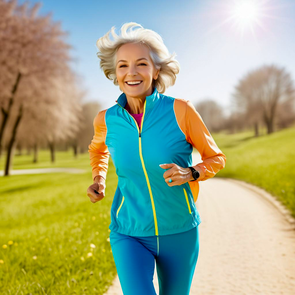 Joyful Older Woman Running on Scenic Path