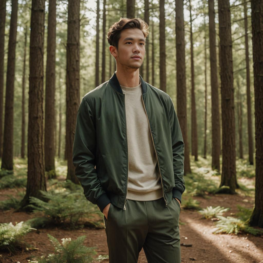 Thoughtful Man in Green Jacket in Dense Forest