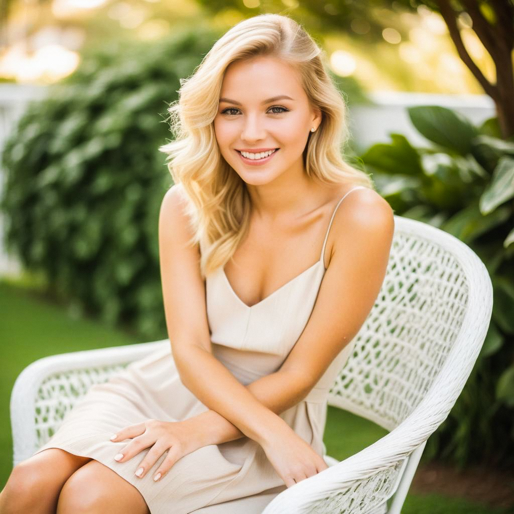 Young Woman in White Wicker Chair Outdoors