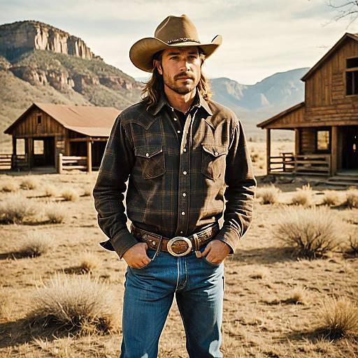 Western Cowboy Man in Rustic Desert Landscape with Barns