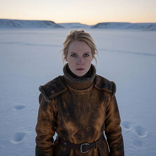 Woman in Rugged Leather Coat Standing in Snowy Arctic Landscape