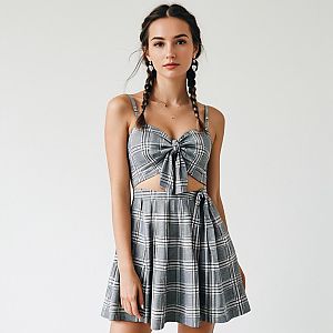 Modern Casual Grey Plaid Mini Dress with Cut-Out Detail and Tie Front