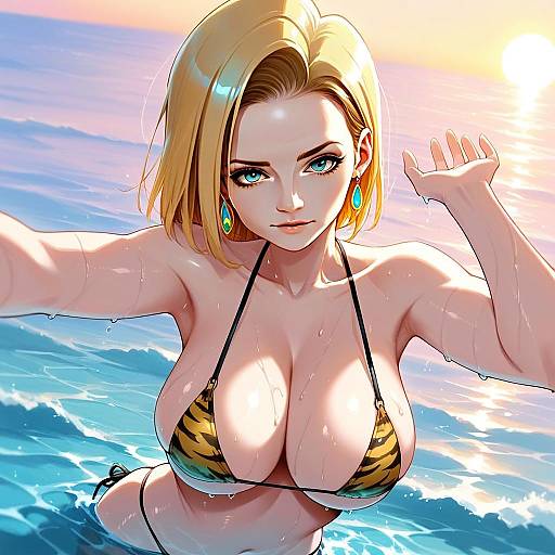 Anime Style Illustration of Blonde Woman in Tiger Bikini in Ocean at Sunset