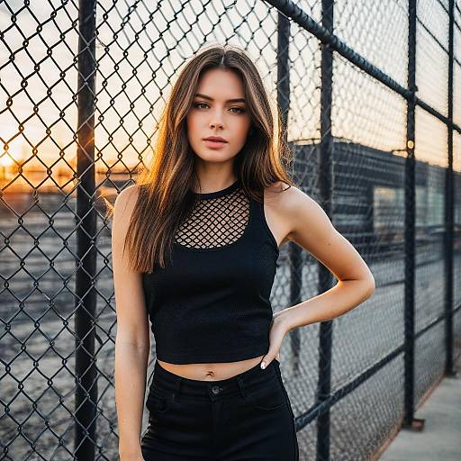 Young Woman in Black Crop Top by Chain-Link Fence at Sunset