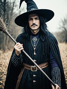 Man in Modern Witch Costume Holding Broomstick in Forest