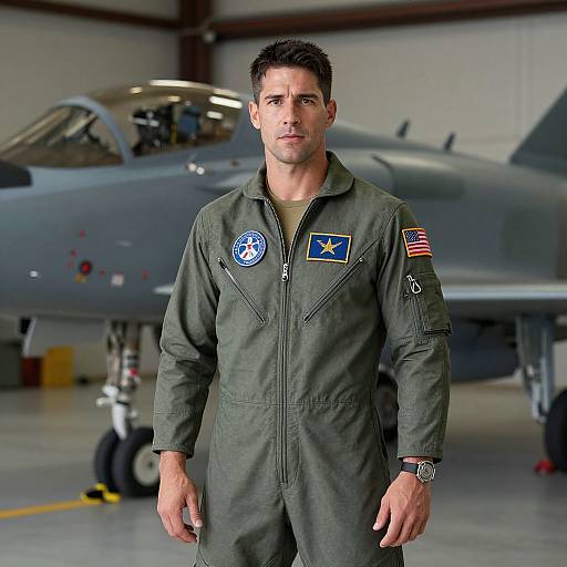 Male Military Pilot in Flight Suit Standing by Fighter Jet in Hangar