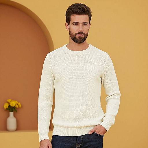 Bearded Man Wearing Cream Knit Sweater in Warm Earth-Toned Setting