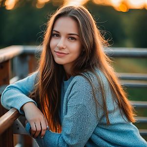 Portrait of Young Woman in Blue Sweater at Golden Hour Outdoors