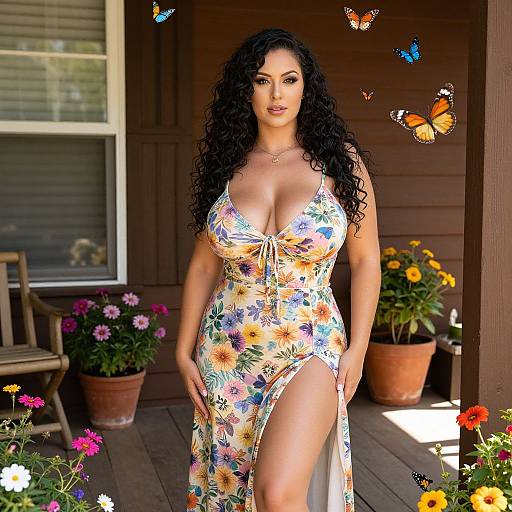 Woman in Floral Dress on Porch with Butterflies
