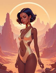 Digital Art of Woman in Gold Swimsuit Desert Landscape