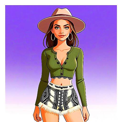 Stylish Woman with Pretty Face and Casual Chic Outfit in Crop Top and Patterned Shorts