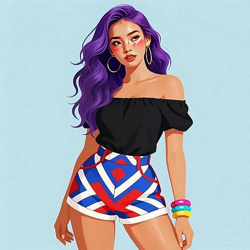Stylish Young Woman with Purple Hair in Trendy Geometric Shorts Illustration