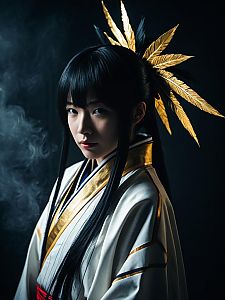 Realistic Nakoruru Cosplay with Traditional Kimono and Golden Feather Hairpiece