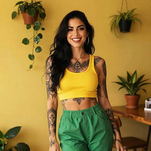 Smiling Woman with Tattoos in Yellow Crop Top and Green Pants Standing by Plants