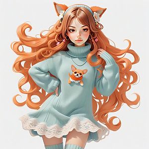 Young Woman with Orange Hair and Fox Ears in Sweater Dress