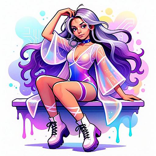 Stylish Young Woman in Futuristic Outfit Sitting on Bench Digital Art