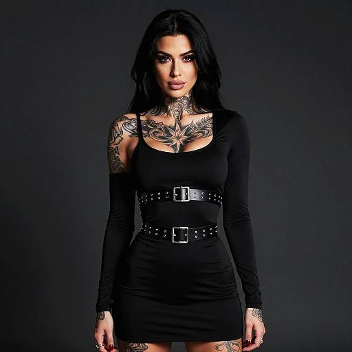 Stylish Woman in Black Fitted Dress with Tattoos and Studded Belts