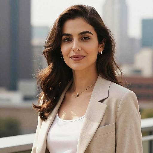 Professional Young Woman in Beige Blazer with City Background