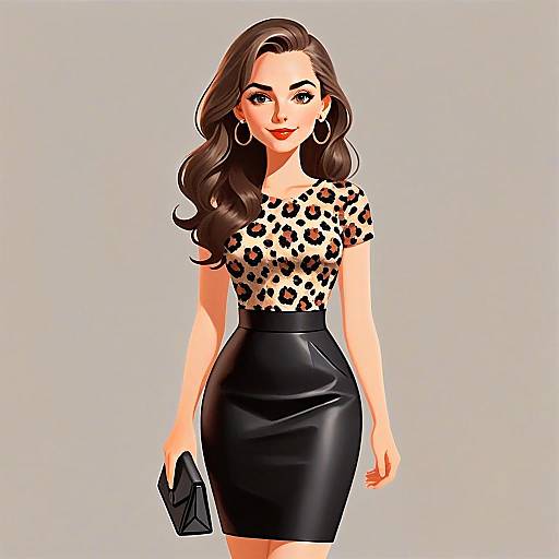Stylish Woman in Leopard Print Top and Black Leather Skirt Fashion Illustration