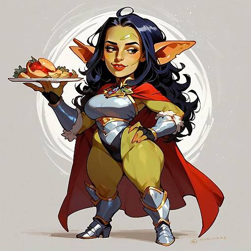 Confident Female Elf Warrior Holding Food Plate Fantasy Digital Artwork