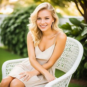 Young Woman in White Wicker Chair Outdoors