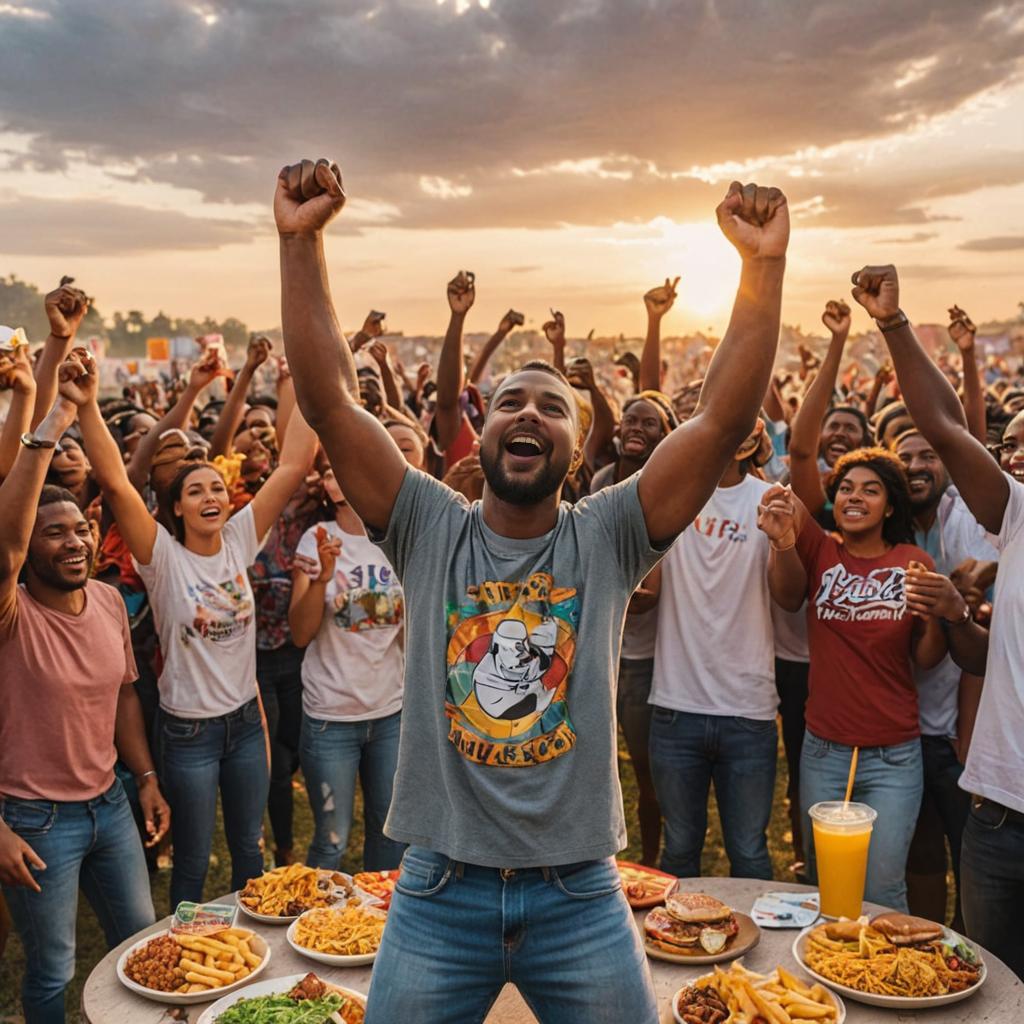 Joyous man celebrates victory among cheerful crowd with fast food