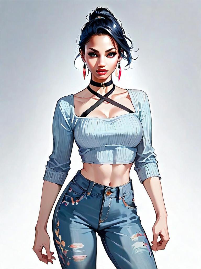 Realistic Comic Style Woman in Cropped Top and Ripped Jeans Digital Art