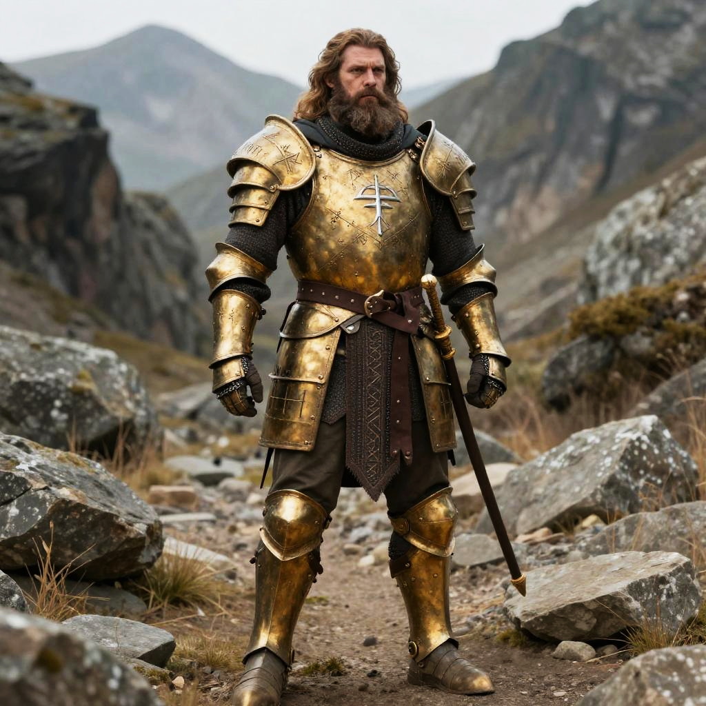 Man in Golden Medieval Armor Holding Sword in Mountain Landscape