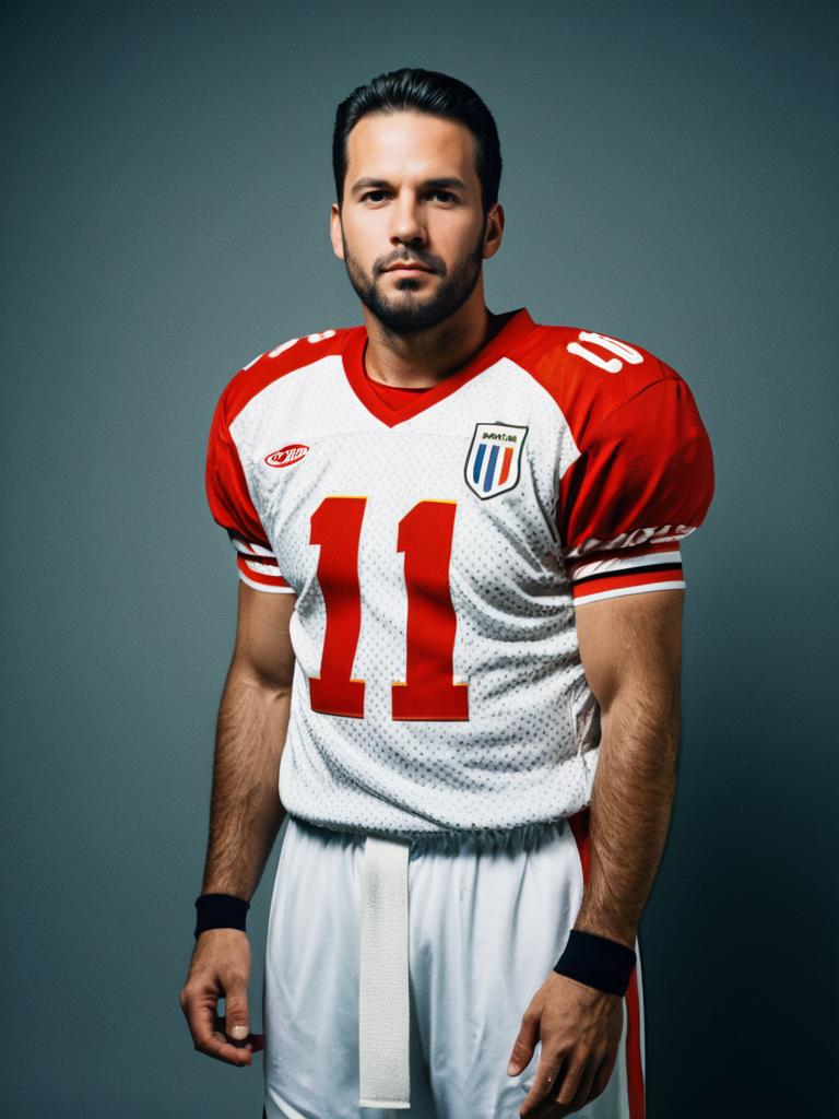 Man in Red and White Football Jersey Number 11 Studio Portrait
