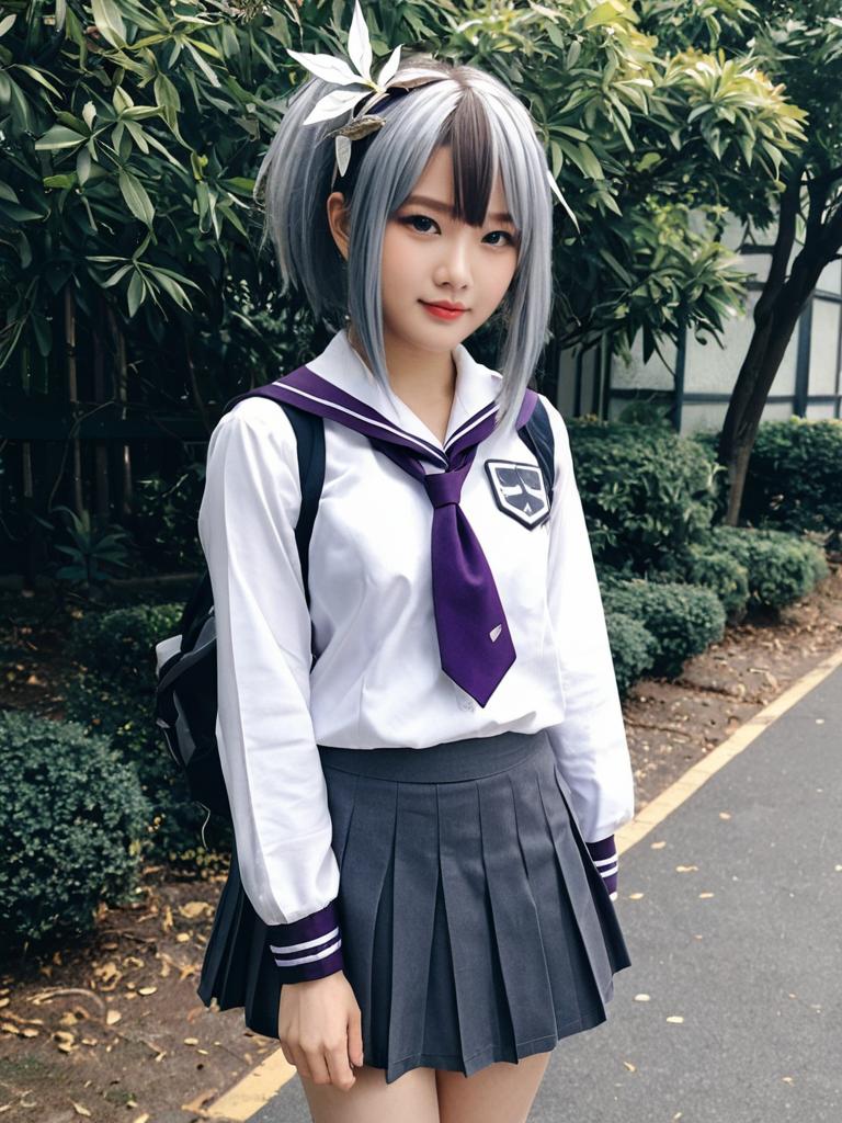 Akishimo Kancolle Cosplay in Schoolgirl Uniform with Purple Tie