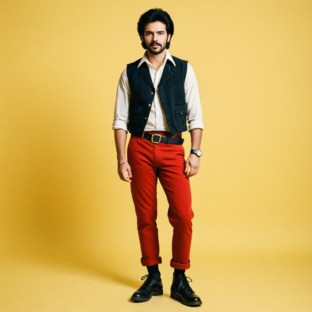 Confident Man in 80s Costume Against Yellow Backdrop Confident Man in 80s Costume Against Yellow Backdrop