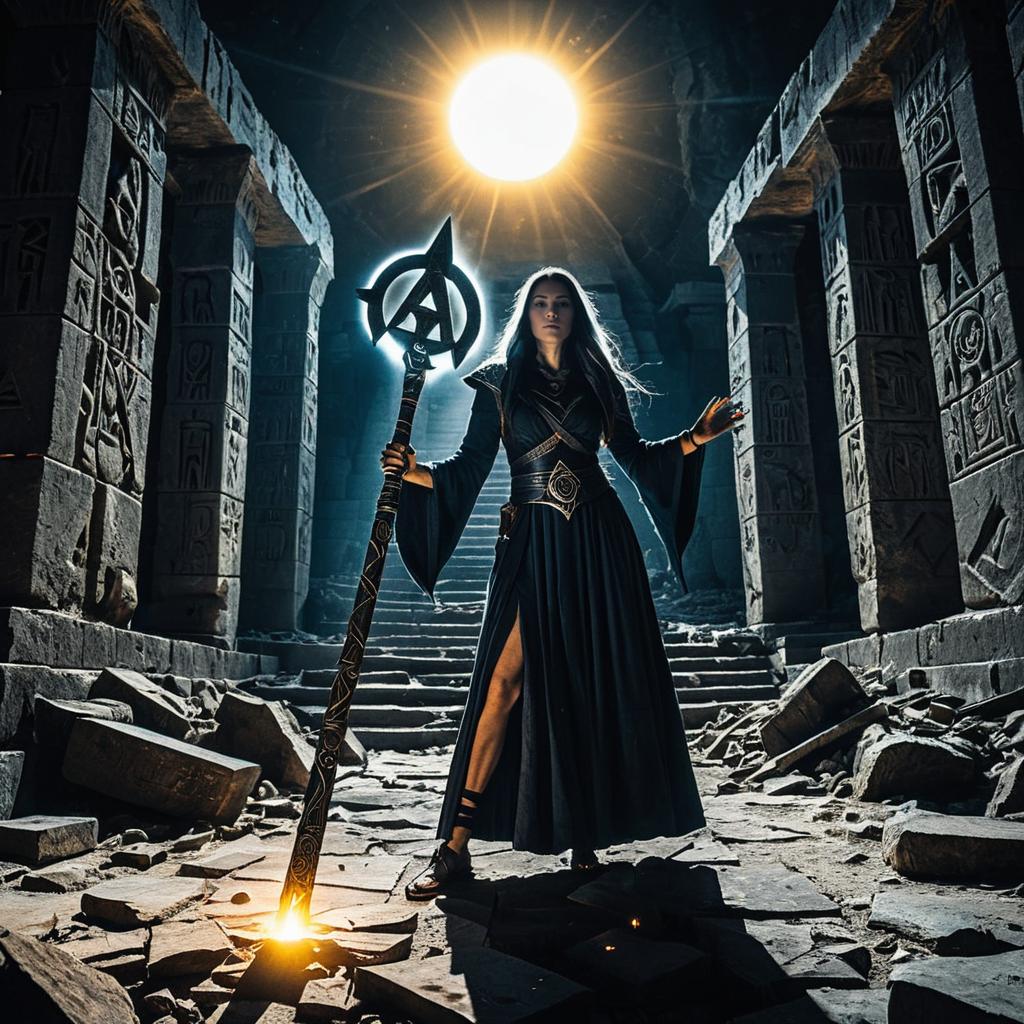 Fantasy Woman Mage with Glowing Staff in Ancient Temple