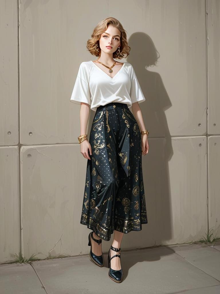 Stylish Woman in Casual Chic White Blouse and Patterned Wide-Leg Pants Full Body Shot