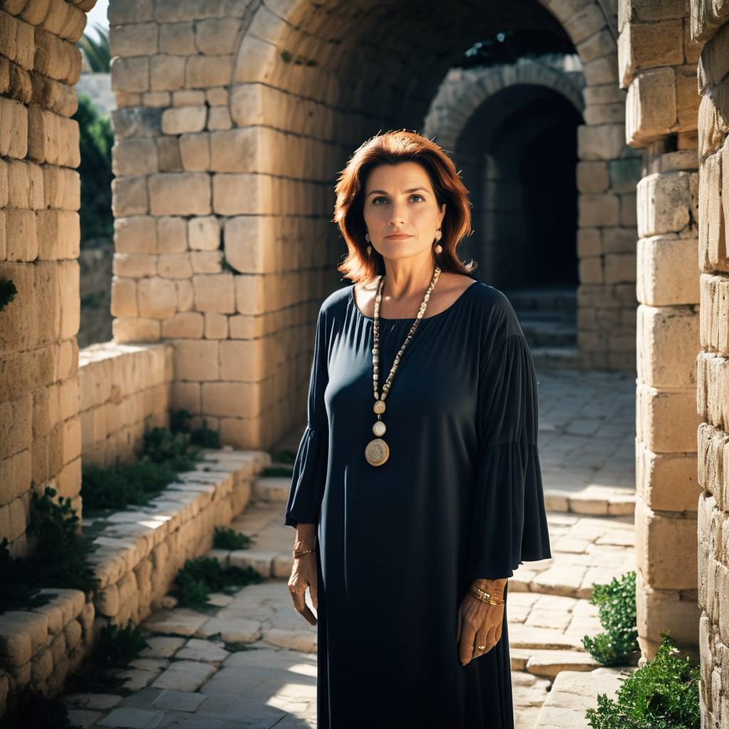 Elegant Woman in Dark Dress at Ancient Architecture