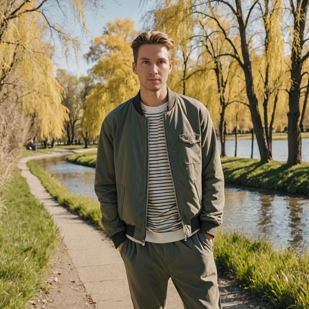 Man in Green Jacket by Serene Water and Willow Trees