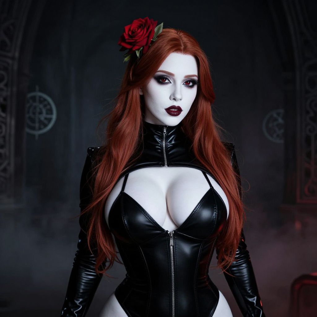 Gothic Redhead Woman in Black Leather Corset with Rose