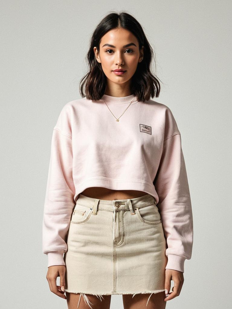 Woman Wearing Pastel Pink Cropped Crewneck Sweatshirt and Beige Denim Mini Skirt Casual Streetwear