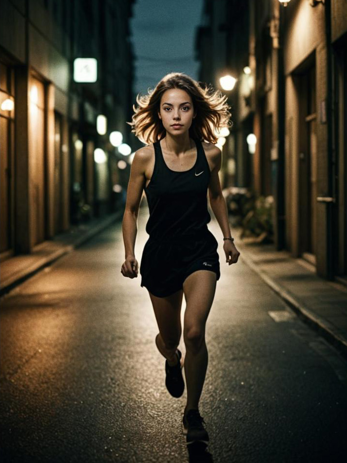 Athletic Woman Running in Urban Night Scene