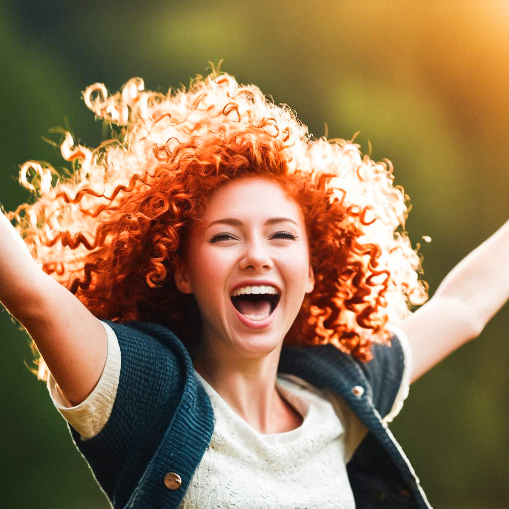 Joyful Young Woman with Red Curly Hair in Sunlight
