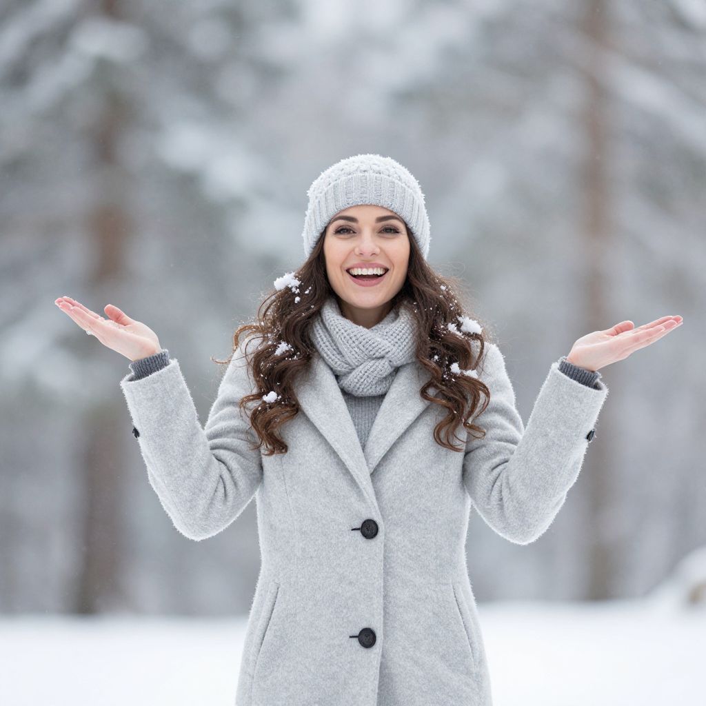 Happy Woman Enjoying Winter Snow Outdoors in Gray Coat