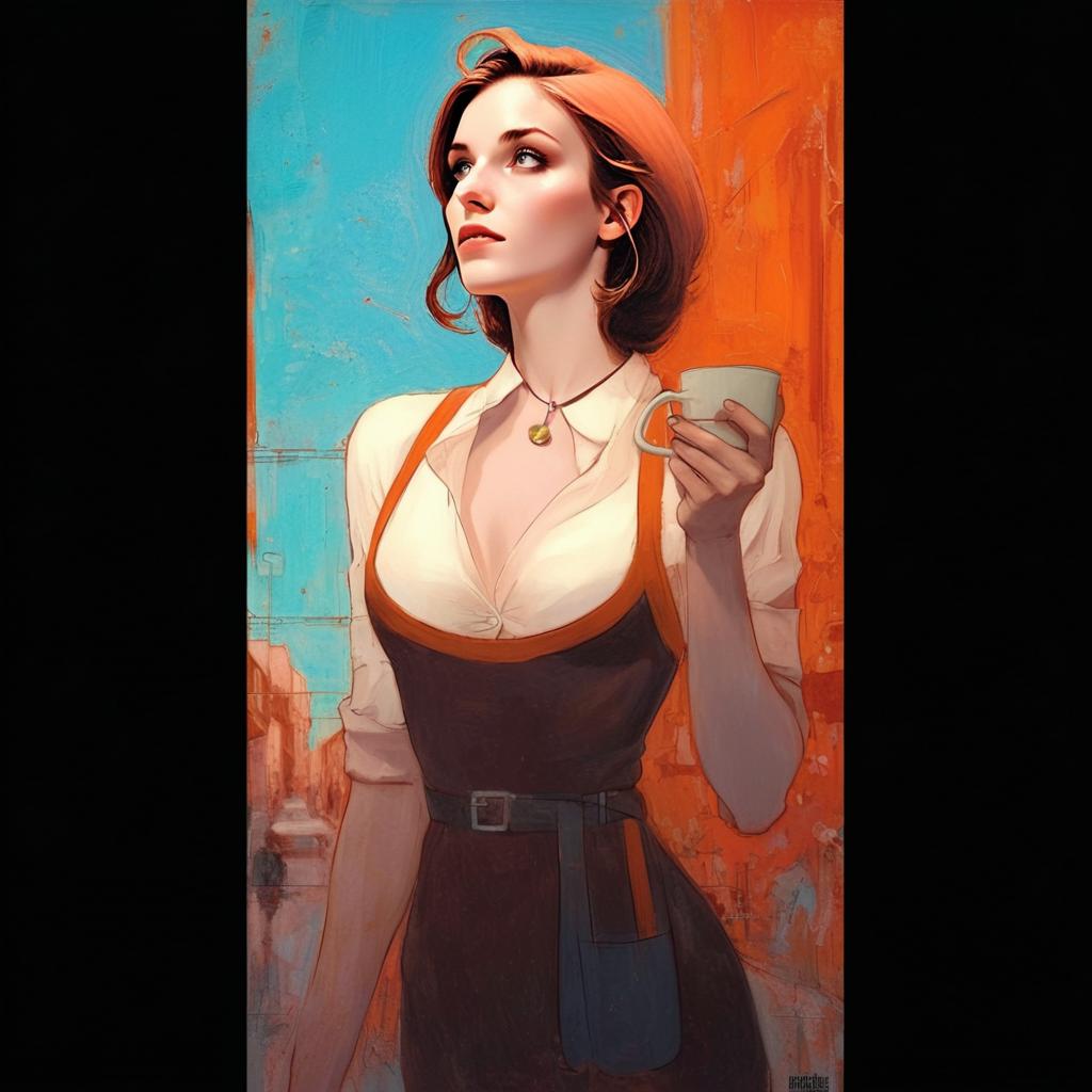Digital Painting of Woman Holding Cup with Orange and Blue Background