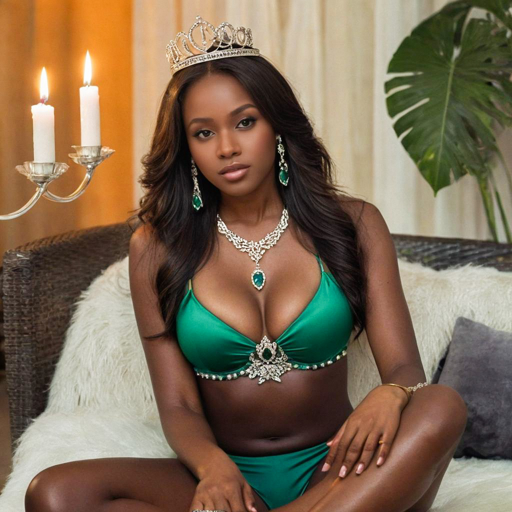 Confident Woman in Emerald Green Bikini with Tiara Confident Woman in Emerald Green Bikini with Tiara