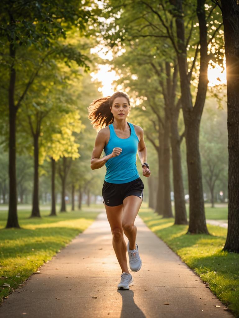 Determined Woman Jogging in Park at Sunrise