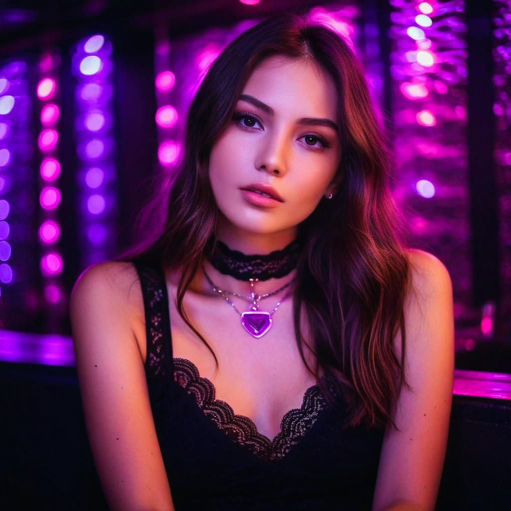 Young Woman in Black Lace Top with Neon Lights