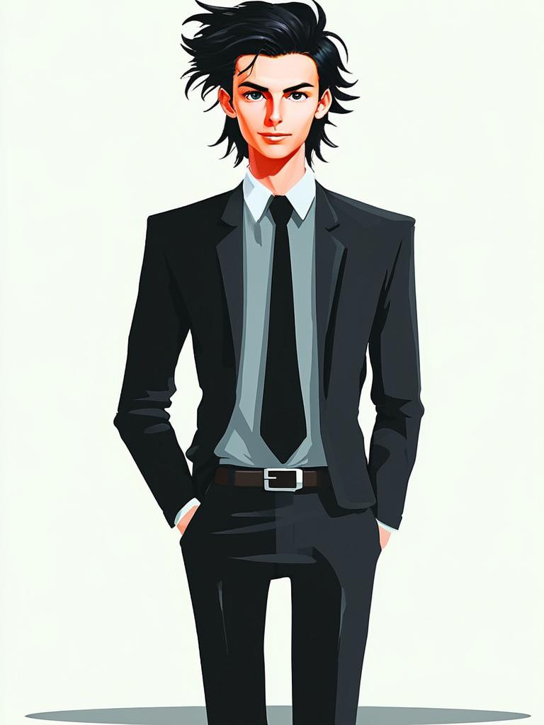 Confident Young Man in Black Suit - Anime Style