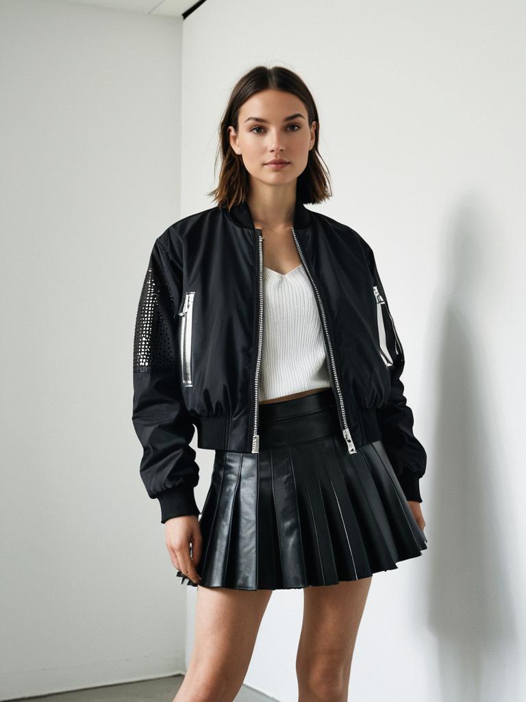 Fashionable Woman Wearing Black Bomber Jacket and Pleated Leather Skirt